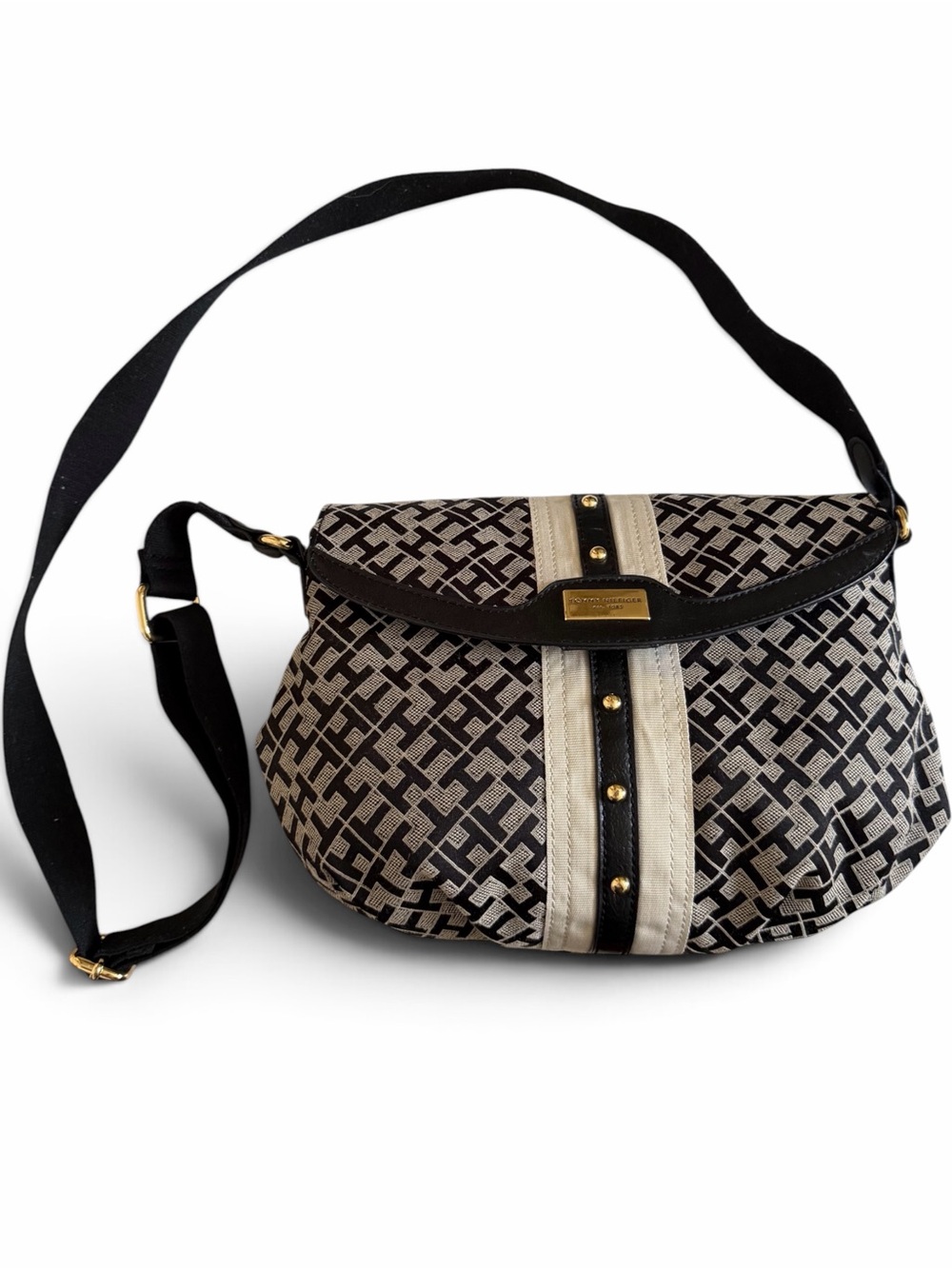 TOMMY HILFIGER Black Beige Monogram Jacquard Crossbody Shoulder Bag
